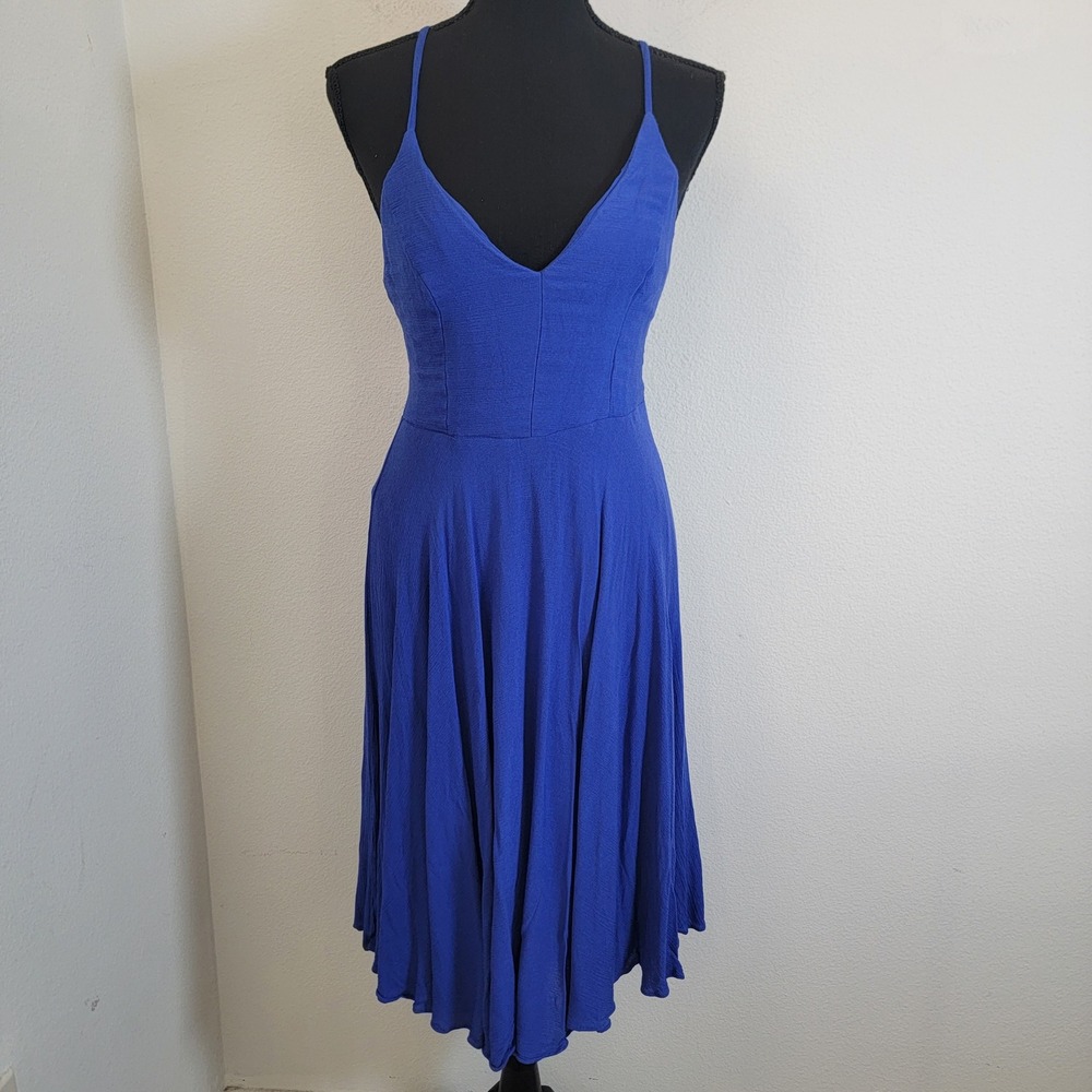 Lulus Royal Blue Lace Up Back Midi Dress Medium A-Line V-Neck Vacation Coastal